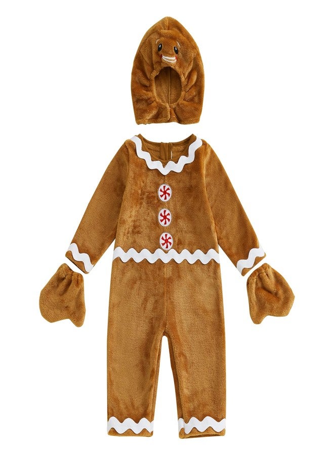 Ayalinggo Baby Gingerbread Costume Infant Toddler Christmas Outfit Fleece Romper Ginger Bread Man Jumpsuit With Hat Gloves (Coffee, 6-12 Months) - Image 1